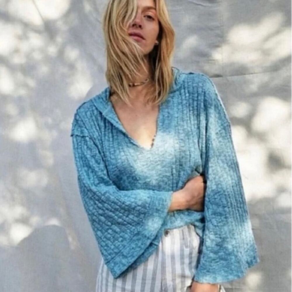 Free People Baja Babe Hacci Hooded Sweater Blue Oversized Small EUC